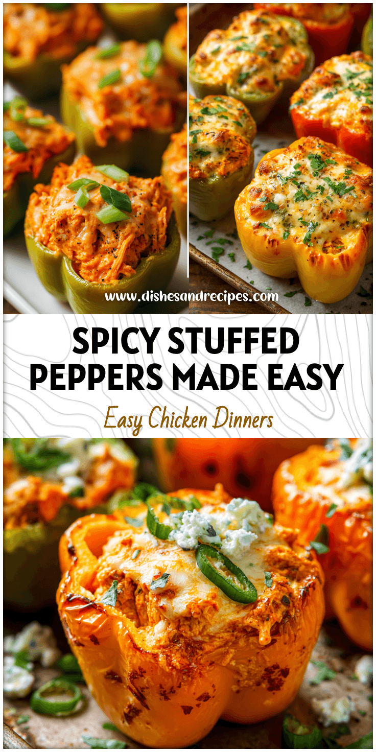 Tray of buffalo chicken stuffed sweet peppers baked with cheese and green pepper garnish.